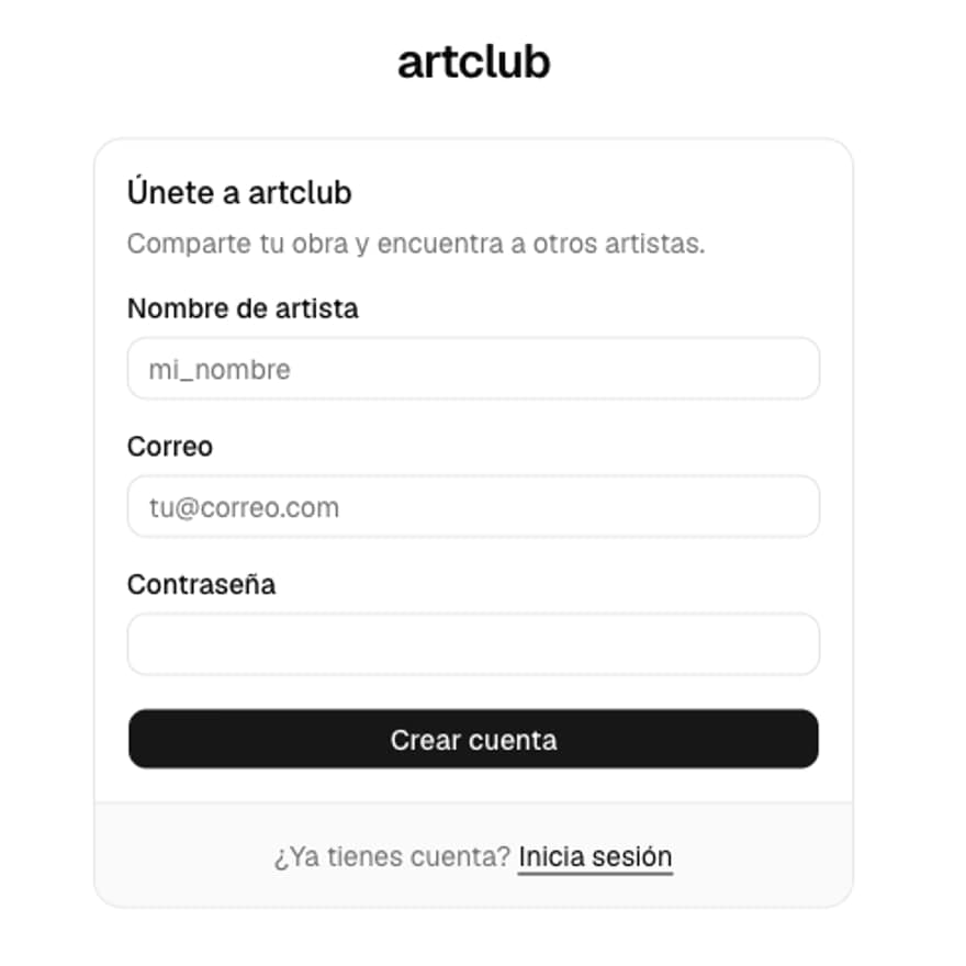Formulario de registro con tres campos: nombre de artista, correo y contraseña, y un botón de crear cuenta.