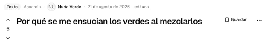 Cabecera de una publicación con las flechas de voto y su recuento a la izquierda, el título en el centro y el botón de guardar a la derecha.