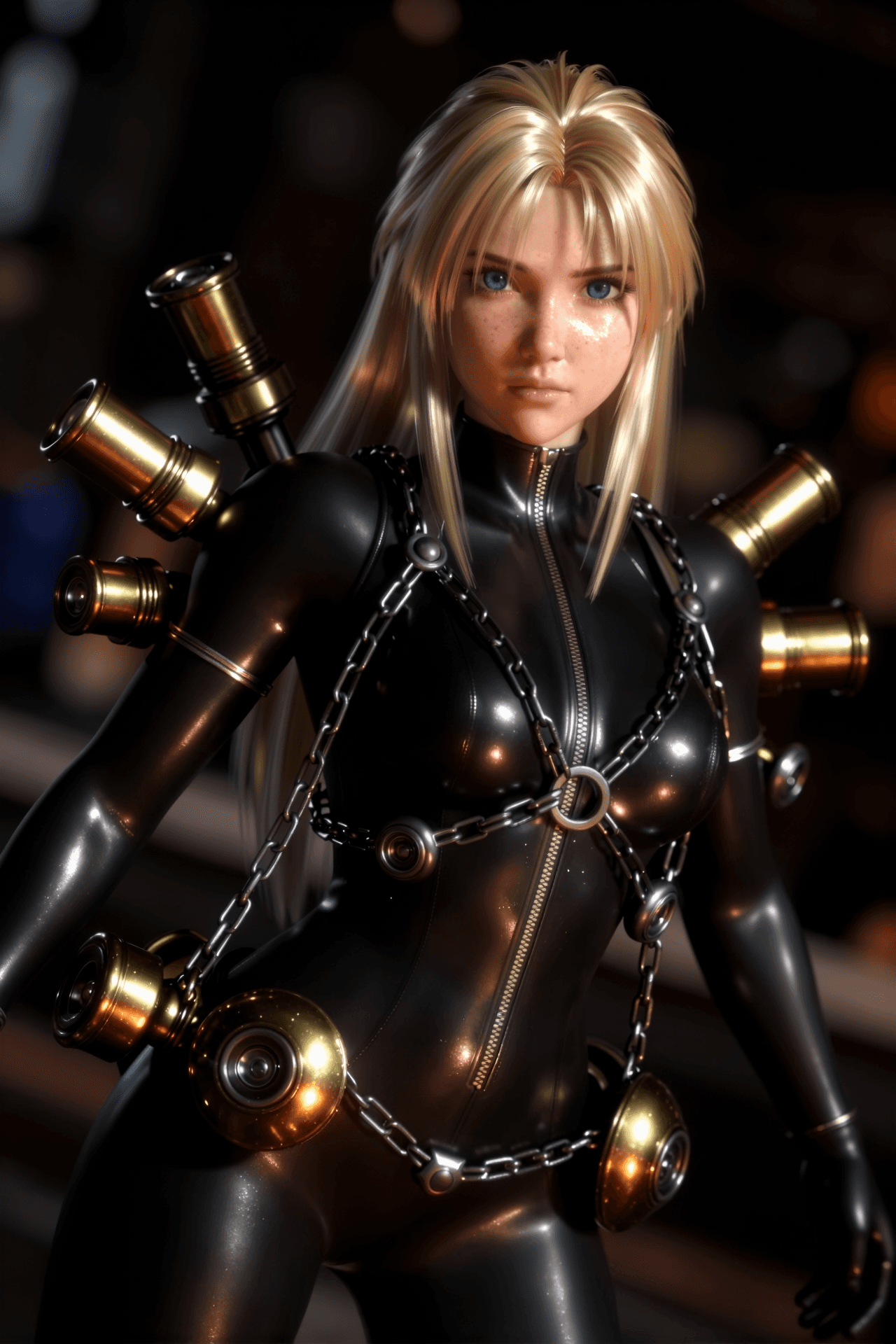 Render de una mujer rubia de pelo largo y traje negro brillante, con un arnés de cadenas metálicas sobre el pecho y la cintura. A su alrededor flotan varios cilindros y esferas de latón dorado. Fondo oscuro y desenfocado.